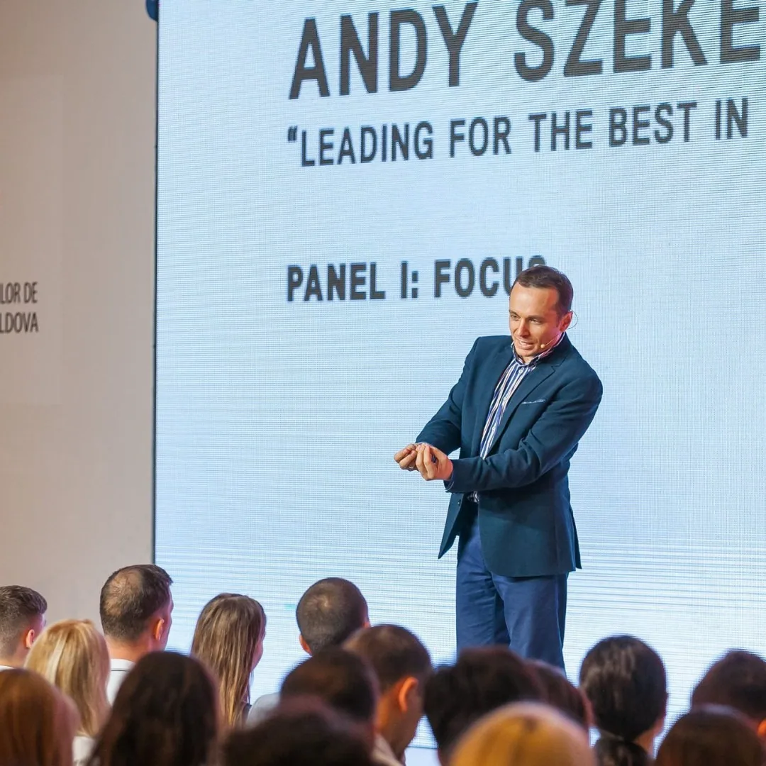 A participant practising presence and communication on stage
